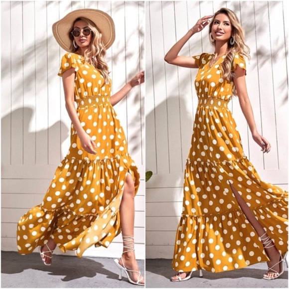 Boho Mustard Yellow Polka Dot V neck Ruffle Maxi Dress - Picture 6 of 10